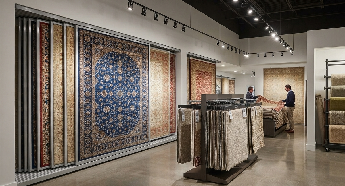Modern flooring showroom featuring professional vertical sliding carpet display systems and sample racks