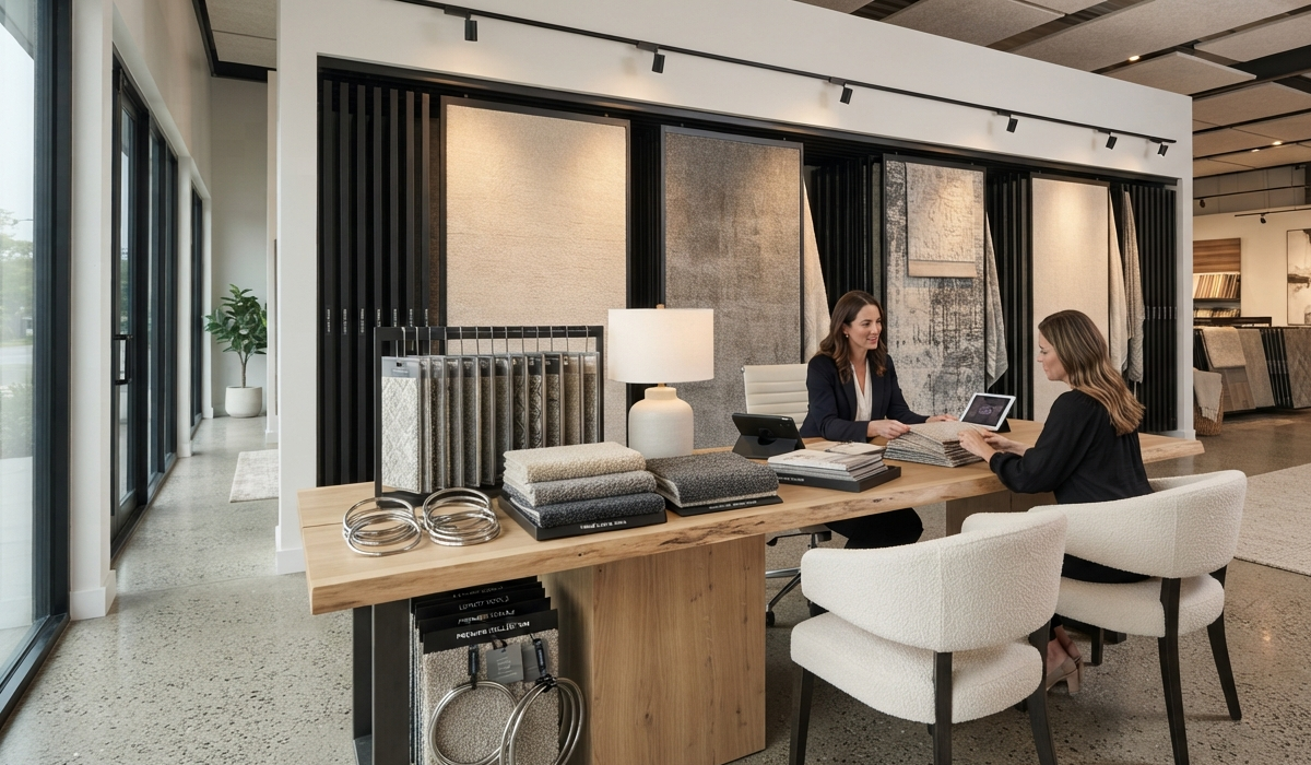 Modern showroom consultation zone featuring vertical carpet sample displays and metal swing panels