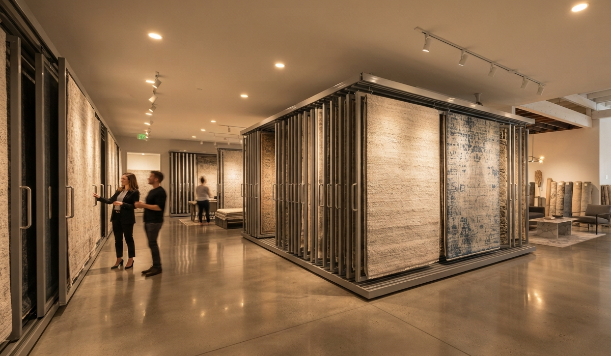 High-end carpet showroom featuring custom sliding panel displays and heavy-duty retail hardware