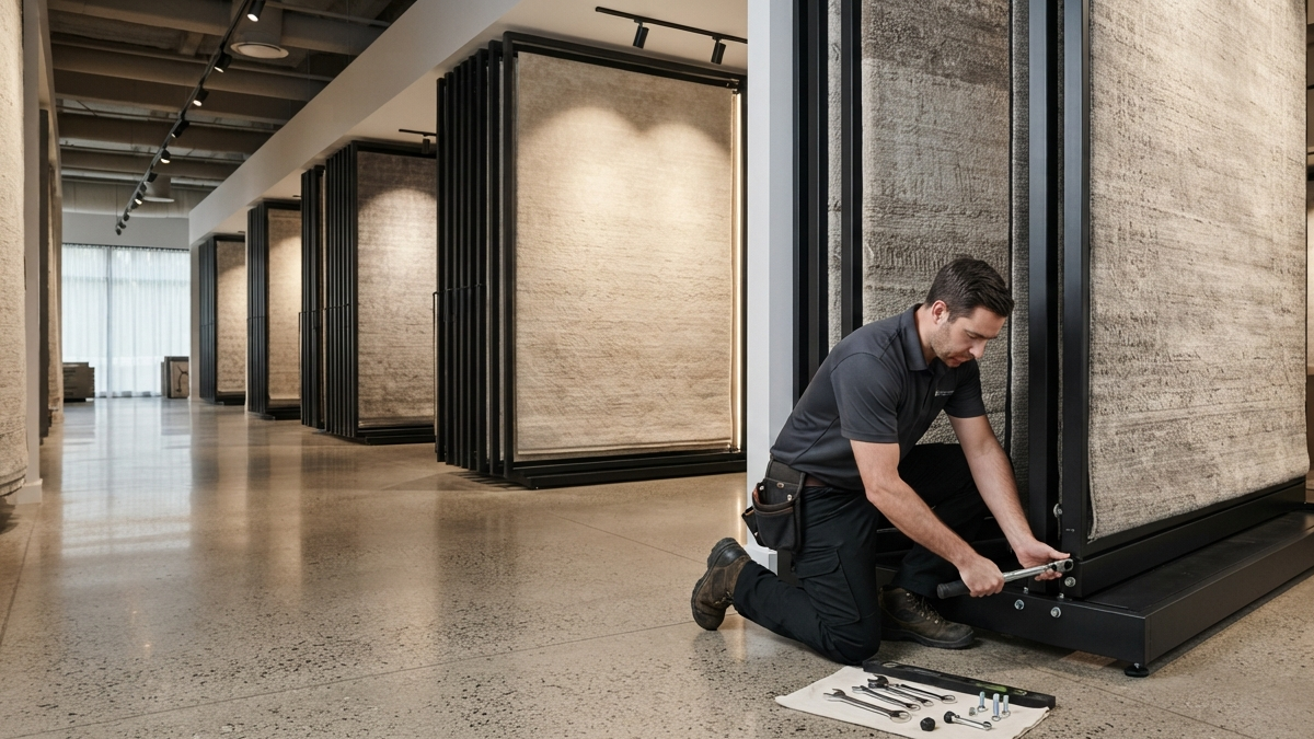 Technician installing vertical sliding carpet display stand in a modern rug showroom