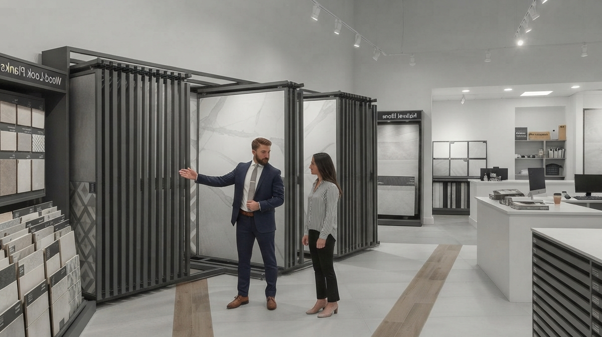 Modern tile and stone showroom layout featuring vertical sliding display panels and organized sample racks