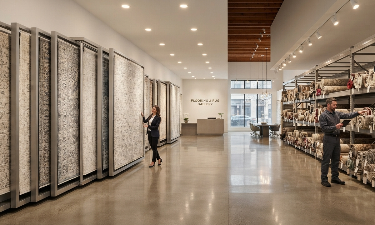 Modern showroom comparison featuring vertical rug display stands and heavy-duty storage racks