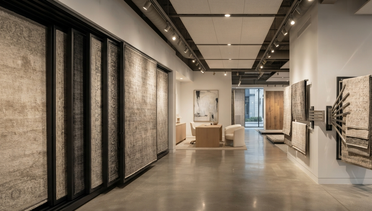 Modern commercial carpet showroom featuring vertical sliding racks and swing arm sample displays