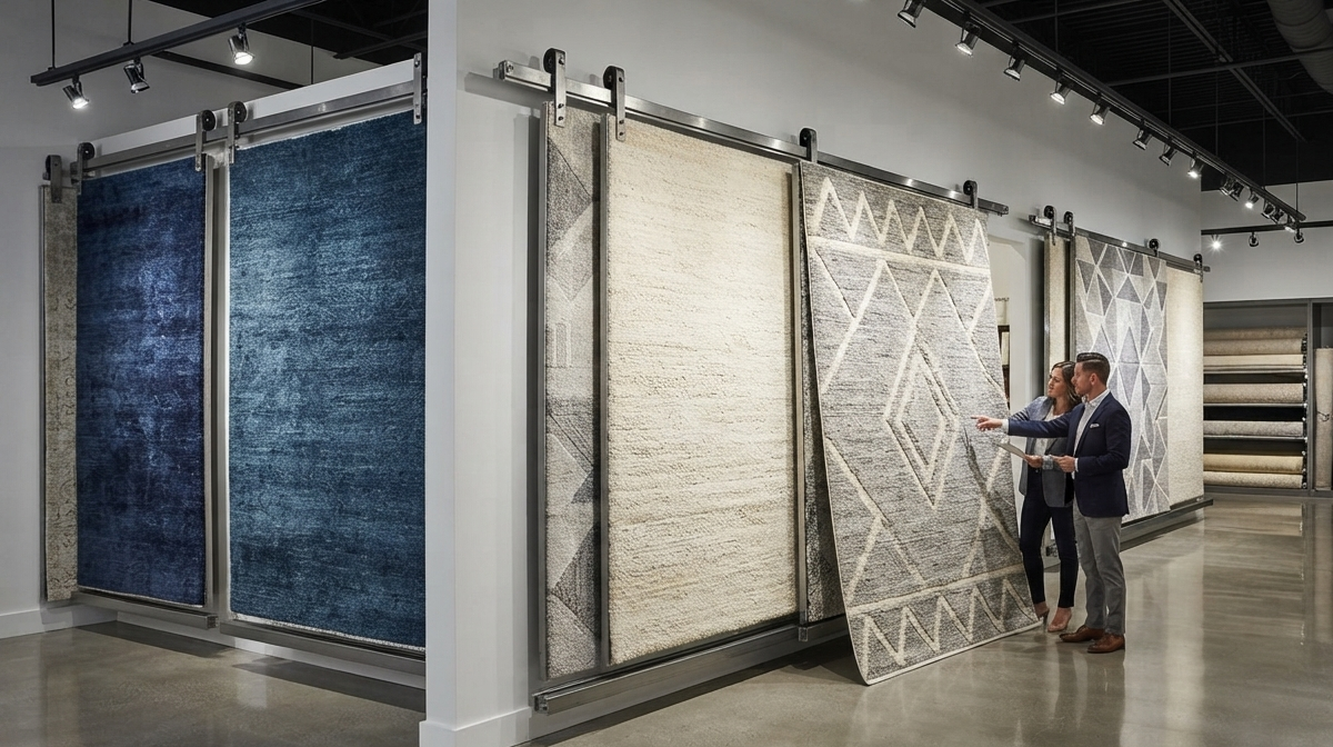 Modern luxury flooring showroom utilizing a sliding carpet display system to showcase vertical area rugs