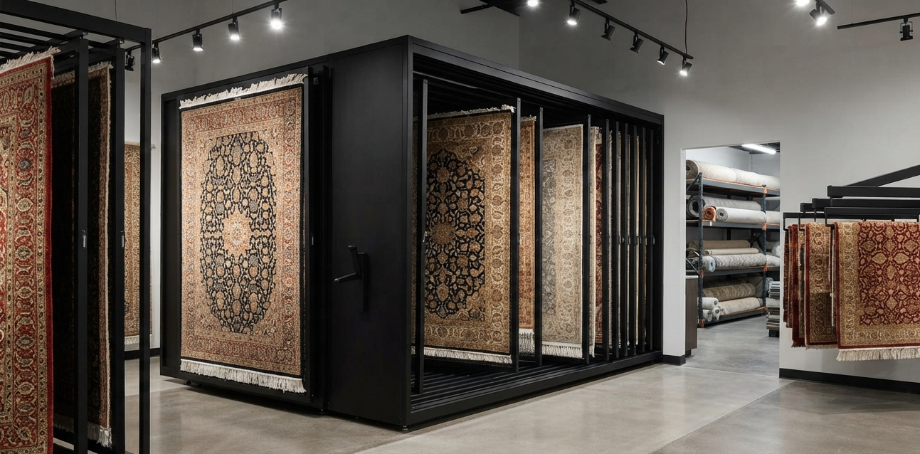 Heavy-duty sliding carpet display system and showroom hardware manufactured in India