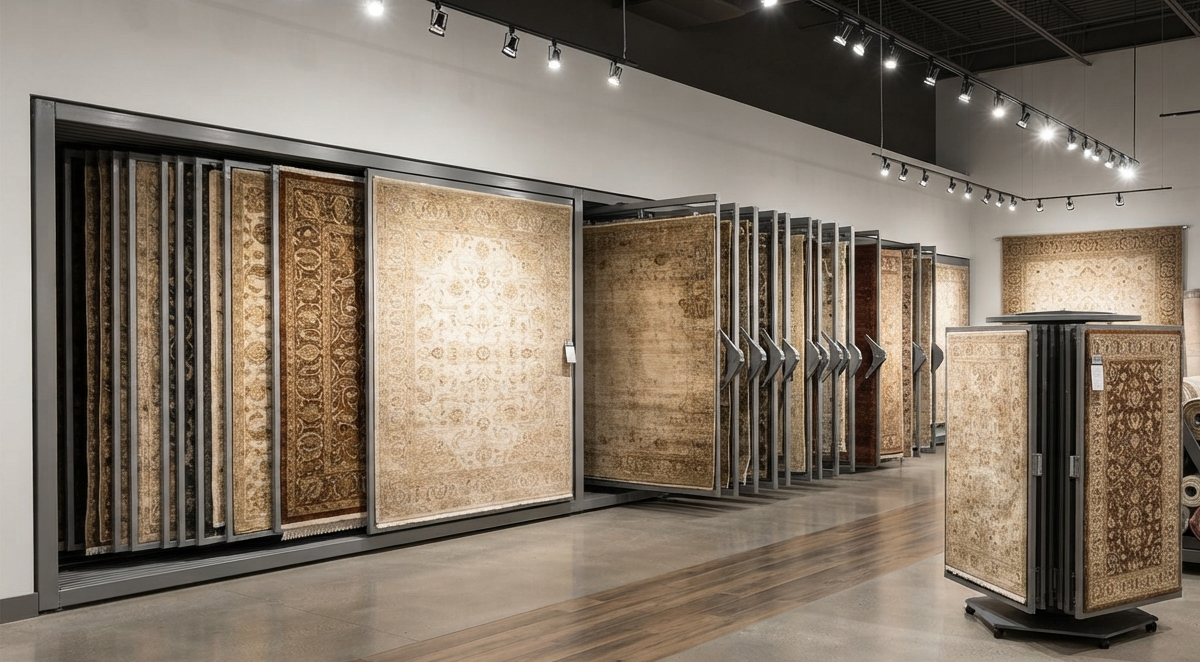 Industrial-grade wholesale carpet display racks and sliding systems in a luxury showroom