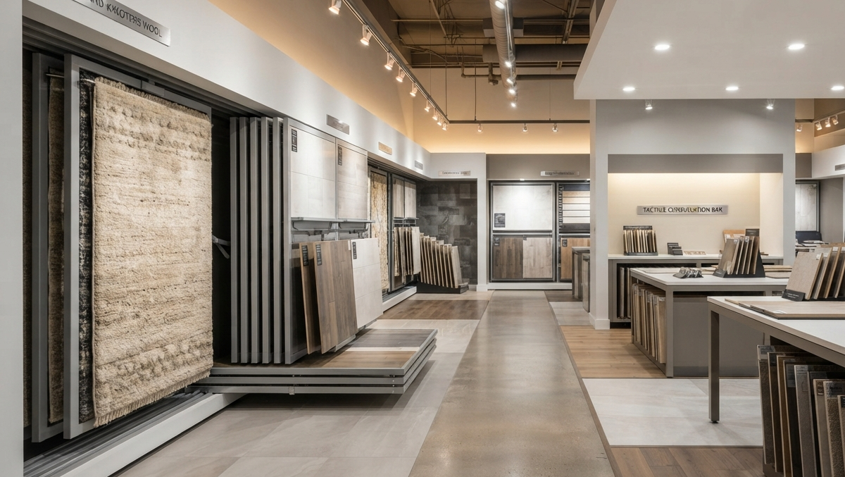 Modern flooring store showroom layout featuring vertical sliding display racks and strategic lighting