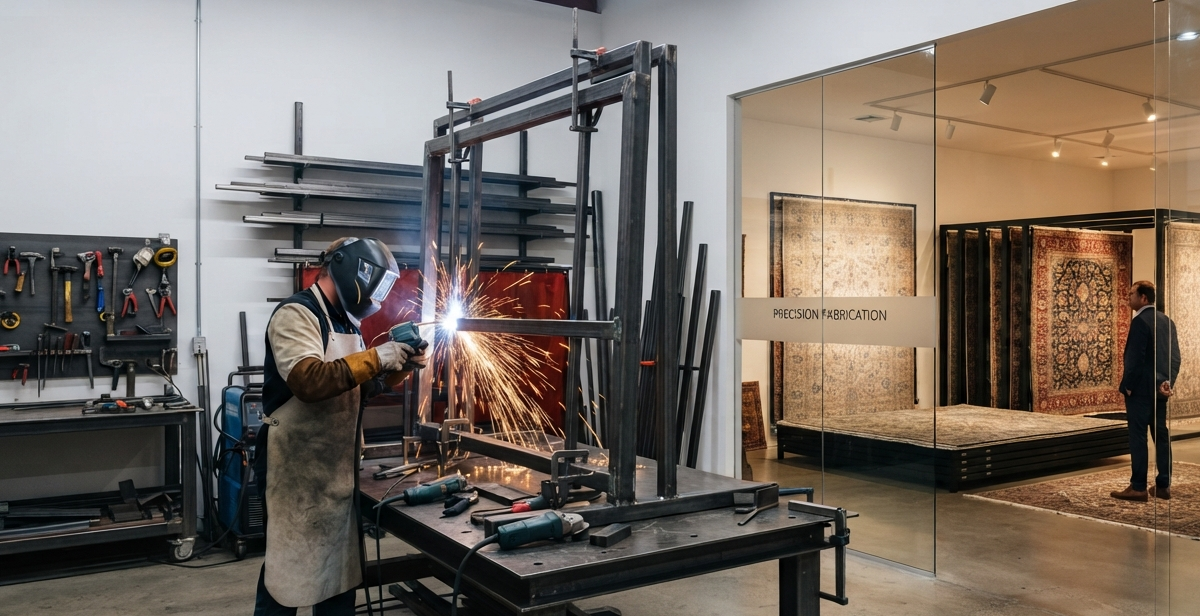 Commercial rug showroom displaying heavy-duty metal display racks and sliding panels