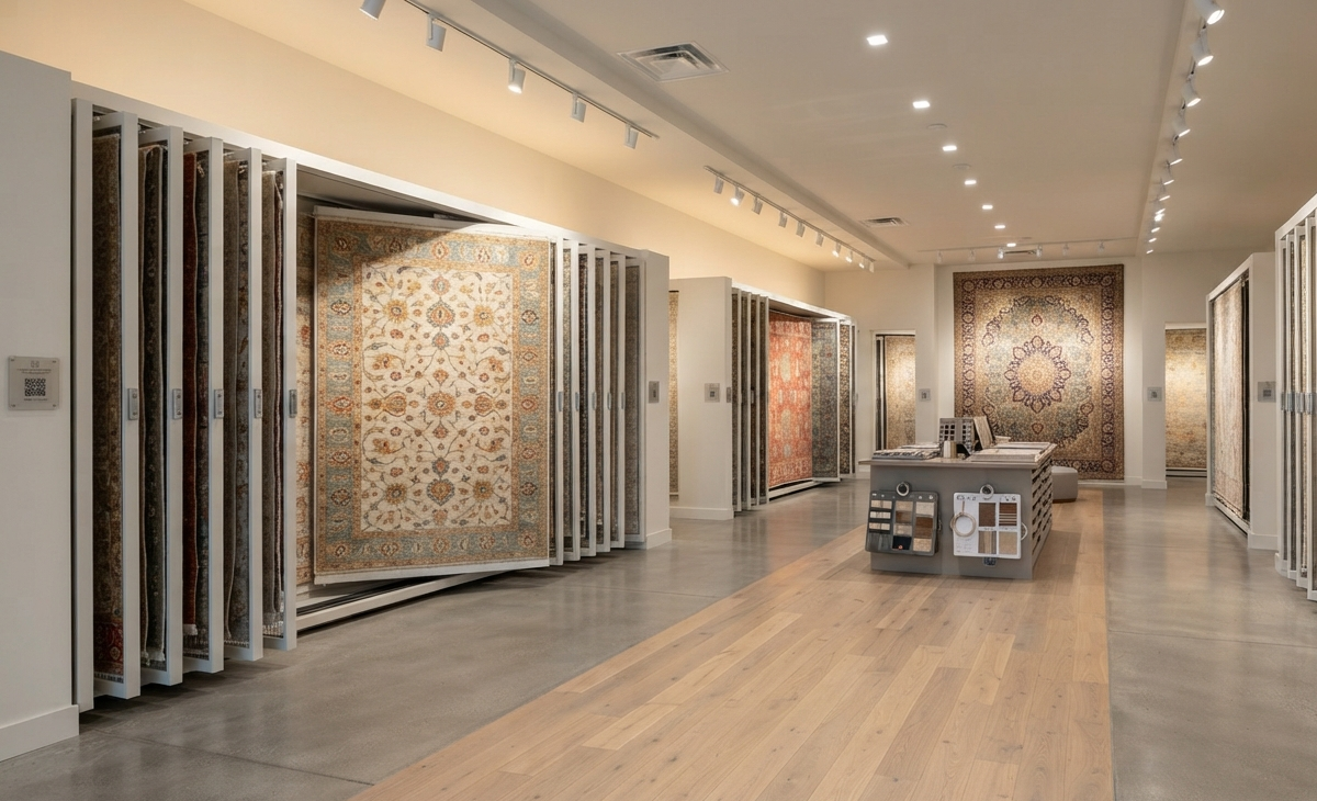 Modern rug showroom layout featuring vertical sliding display racks and minimalist gallery lighting