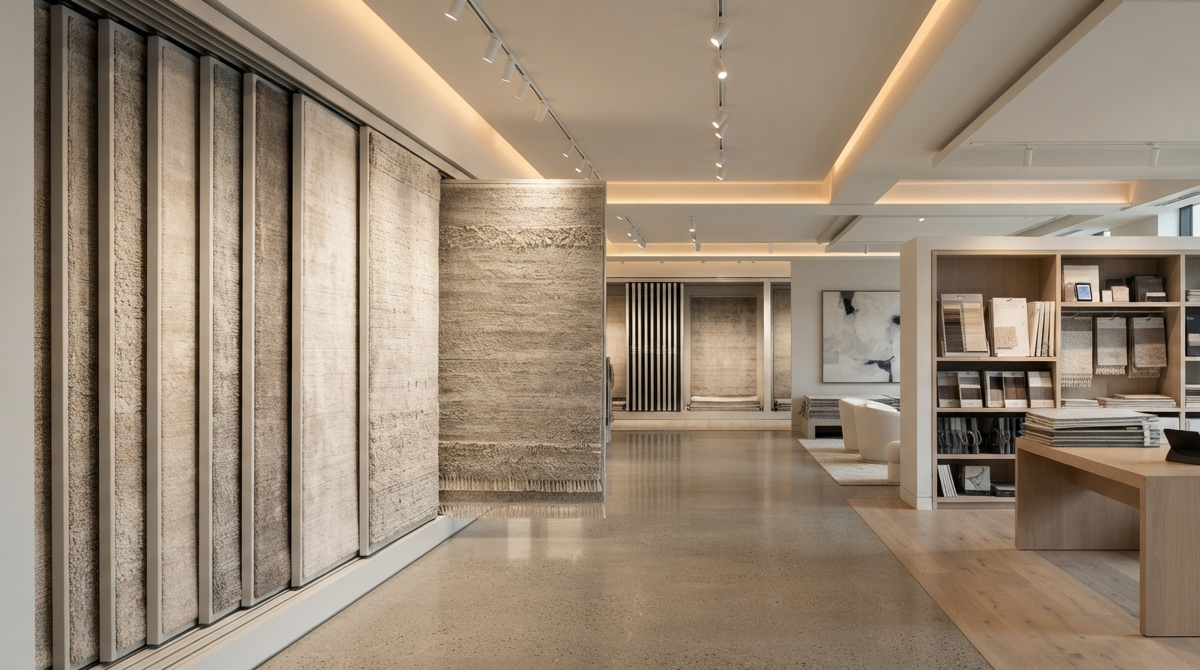 Modern rug store interior featuring vertical sliding display racks and minimalist gallery lighting
