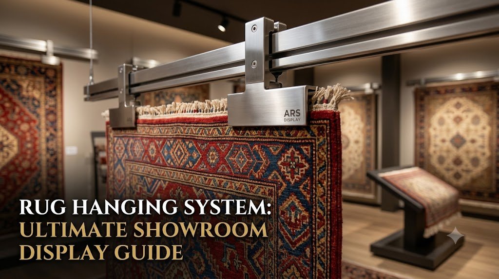 Professional rug hanging system and stainless steel display hardware in a modern carpet showroom.