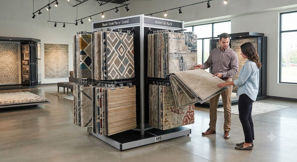 Professional rug display stand showcasing carpet samples in a modern showroom